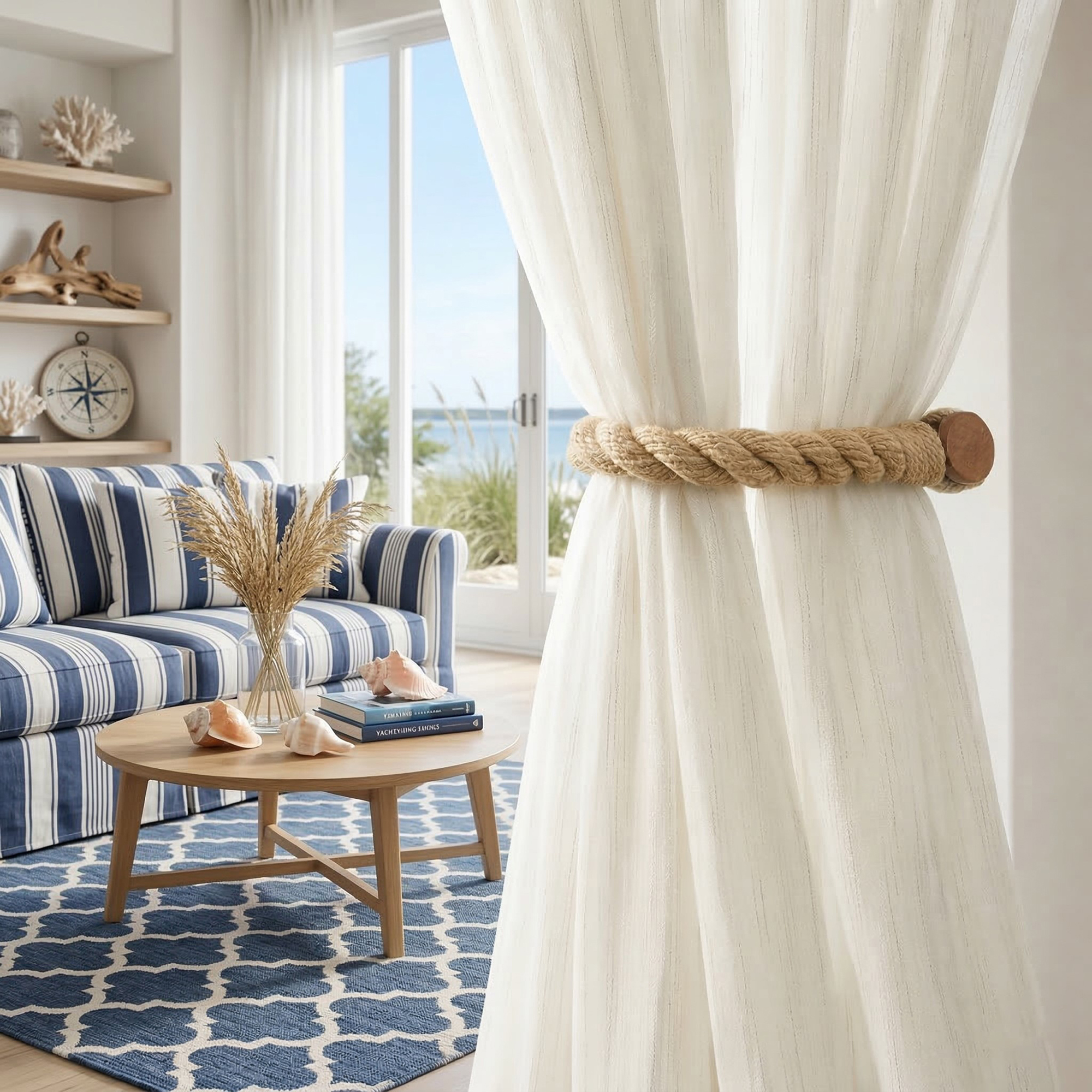 A jute twisted rope curtain tieback with a wooden magnetic closure, holding back a sheer curtain in a coastal-style living room