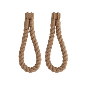Jute twisted rope curtain tiebacks shown flat on white background