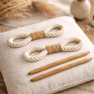 "Set of two white cotton rope curtain tiebacks with jute wraps and wooden rods on linen cushion"
