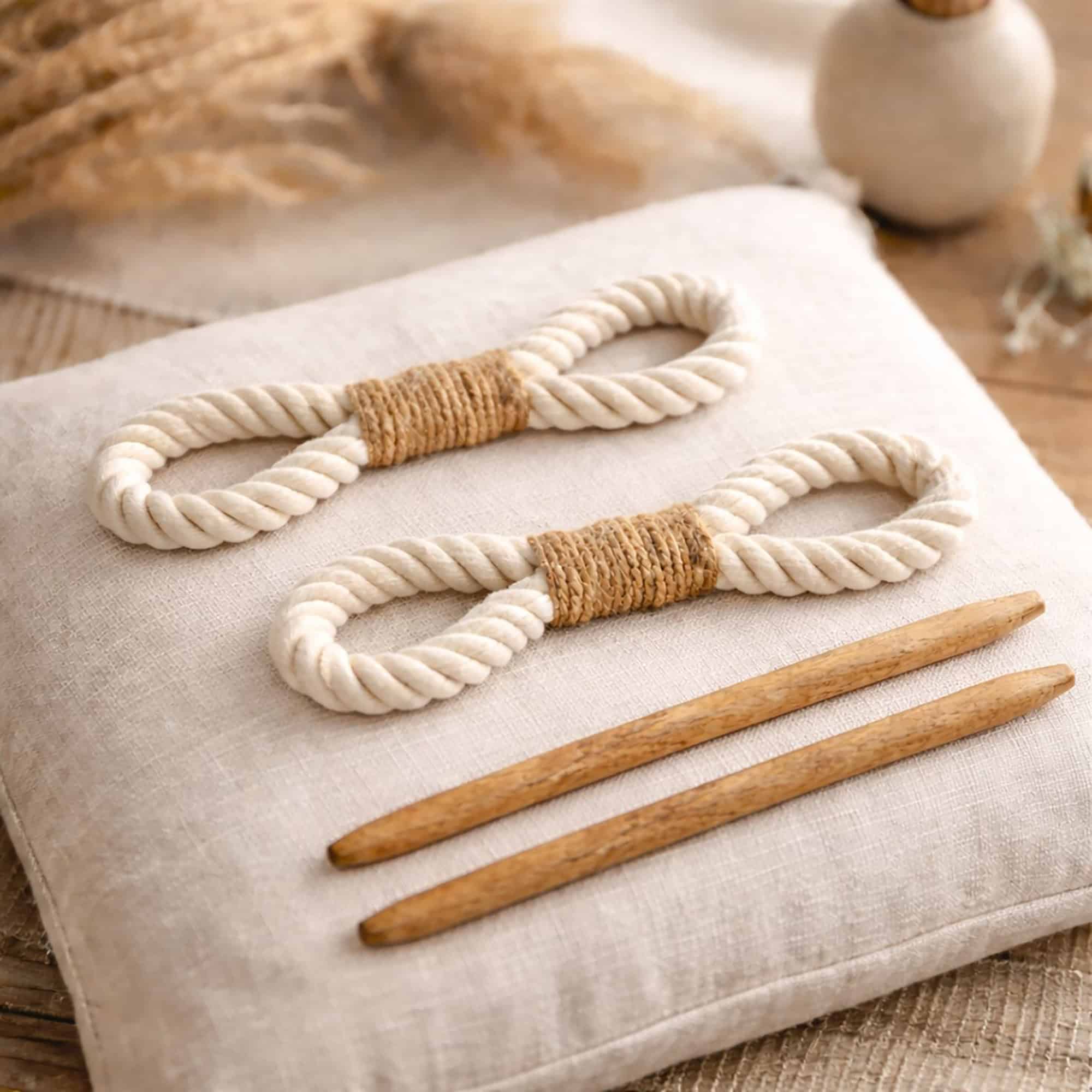 "Set of two white cotton rope curtain tiebacks with jute wraps and wooden rods on linen cushion"