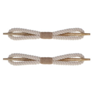 Natural cotton rope curtain tiebacks with wooden rod shown flat