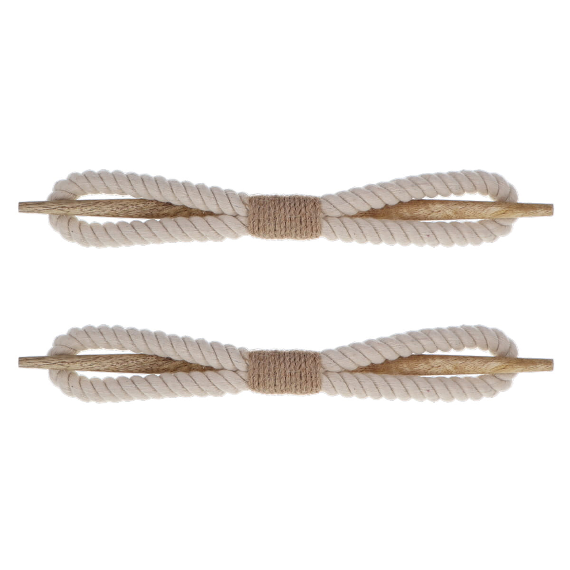 Natural cotton rope curtain tiebacks with wooden rod shown flat