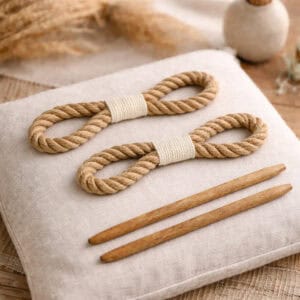 "Set of two natural jute rope curtain tiebacks with white cotton wraps and wooden rods on linen cushion"