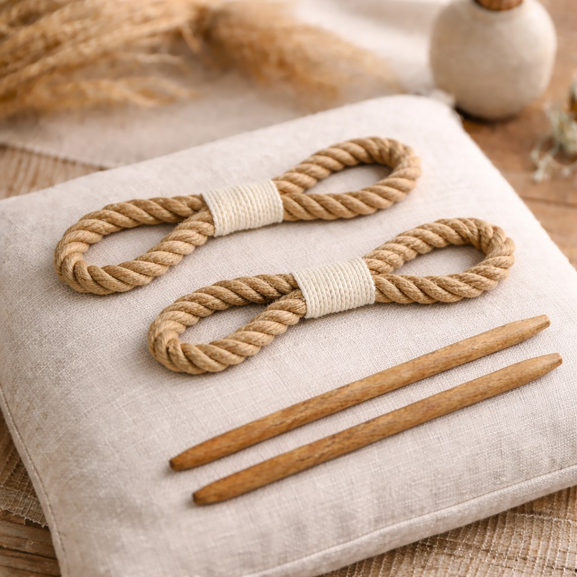 "Set of two natural jute rope curtain tiebacks with white cotton wraps and wooden rods on linen cushion"