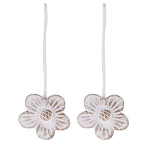Resin flower curtain tiebacks with flexible cord on white background