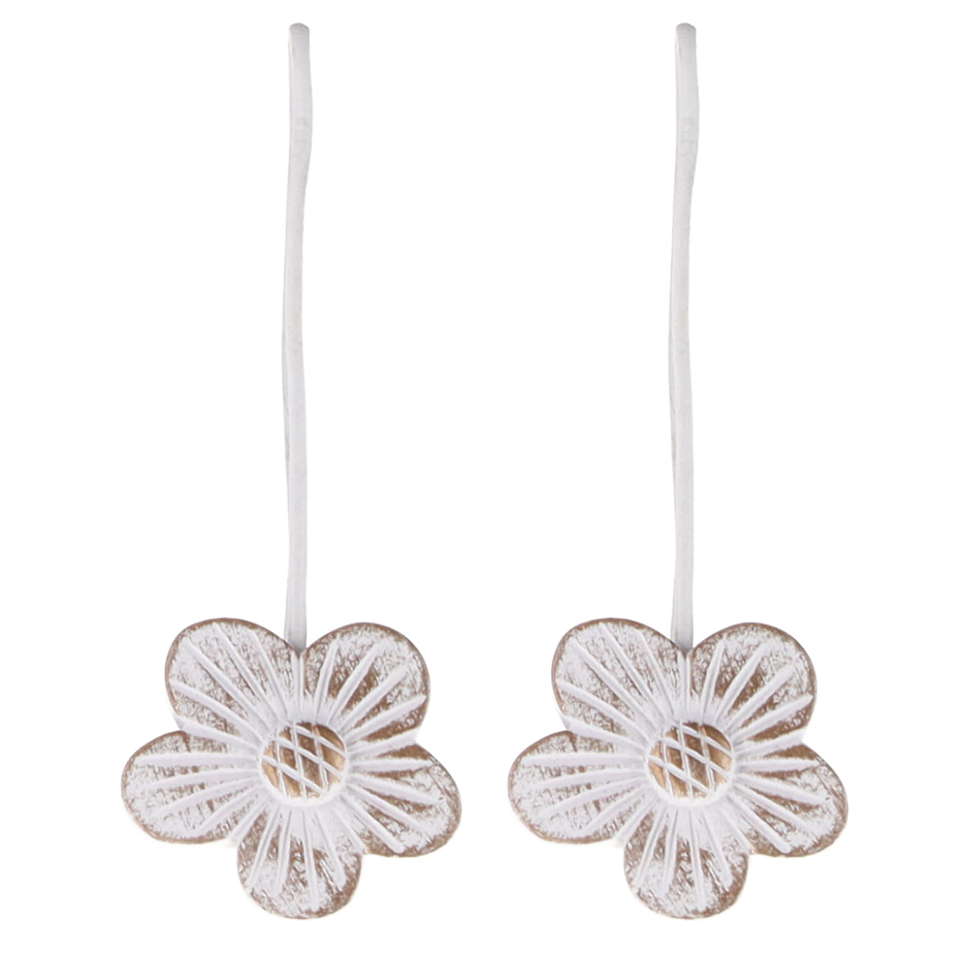 Resin flower curtain tiebacks with flexible cord on white background