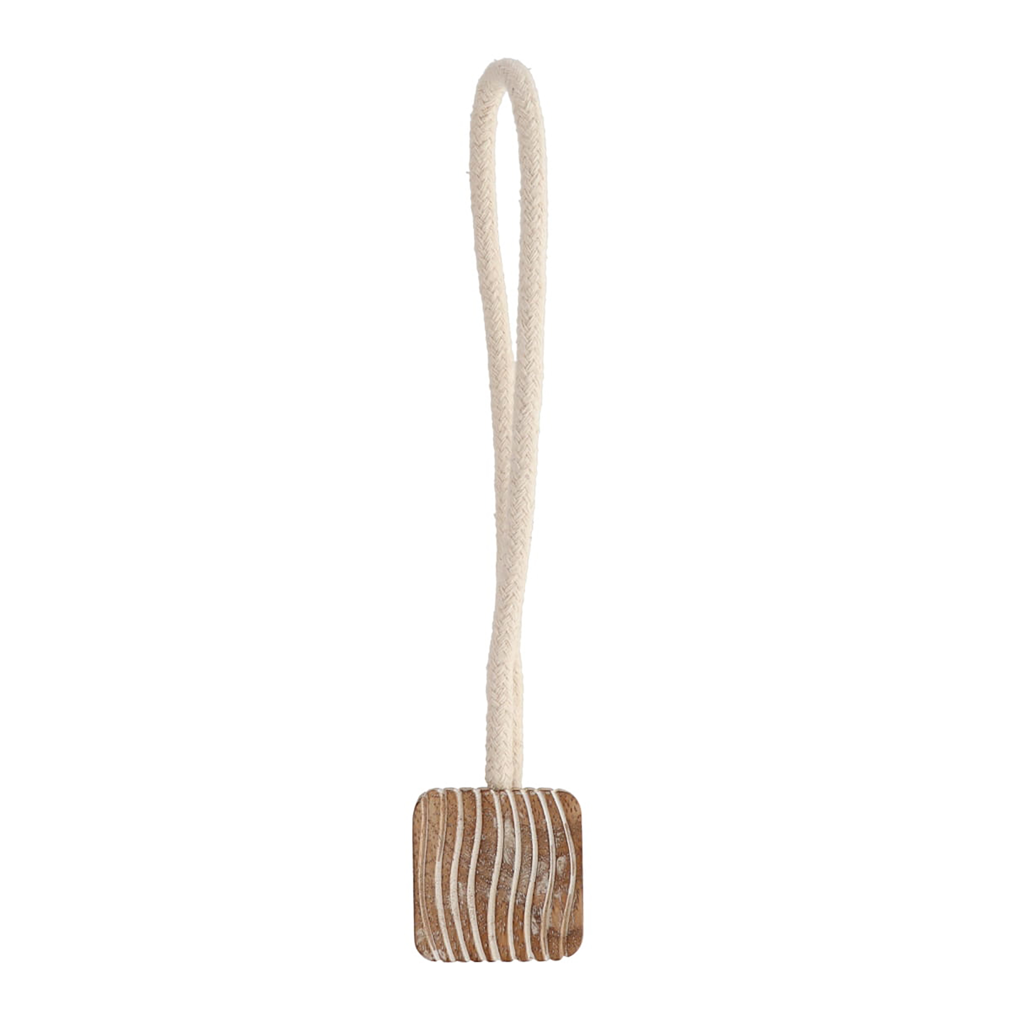 Braided rope curtain tieback with square wood accent on white background