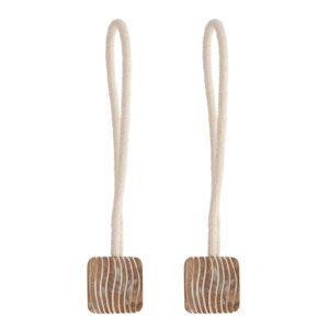 Braided rope curtain tiebacks with square wood accent on white background