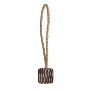 Braided rope curtain tieback with square wood accent on white background