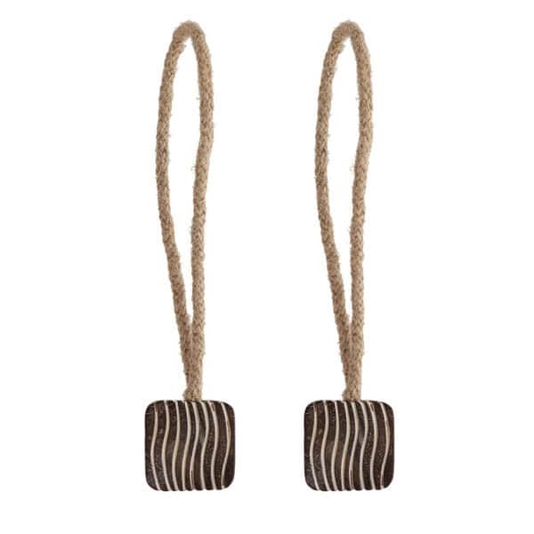 Braided rope curtain tiebacks with square wood accent on white background