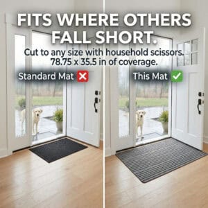 Side-by-side comparison: small standard doormat leaving gaps at wide double door versus full-coverage gray ribbed mat fitting wall to wall — Fits Where Others Fall Short