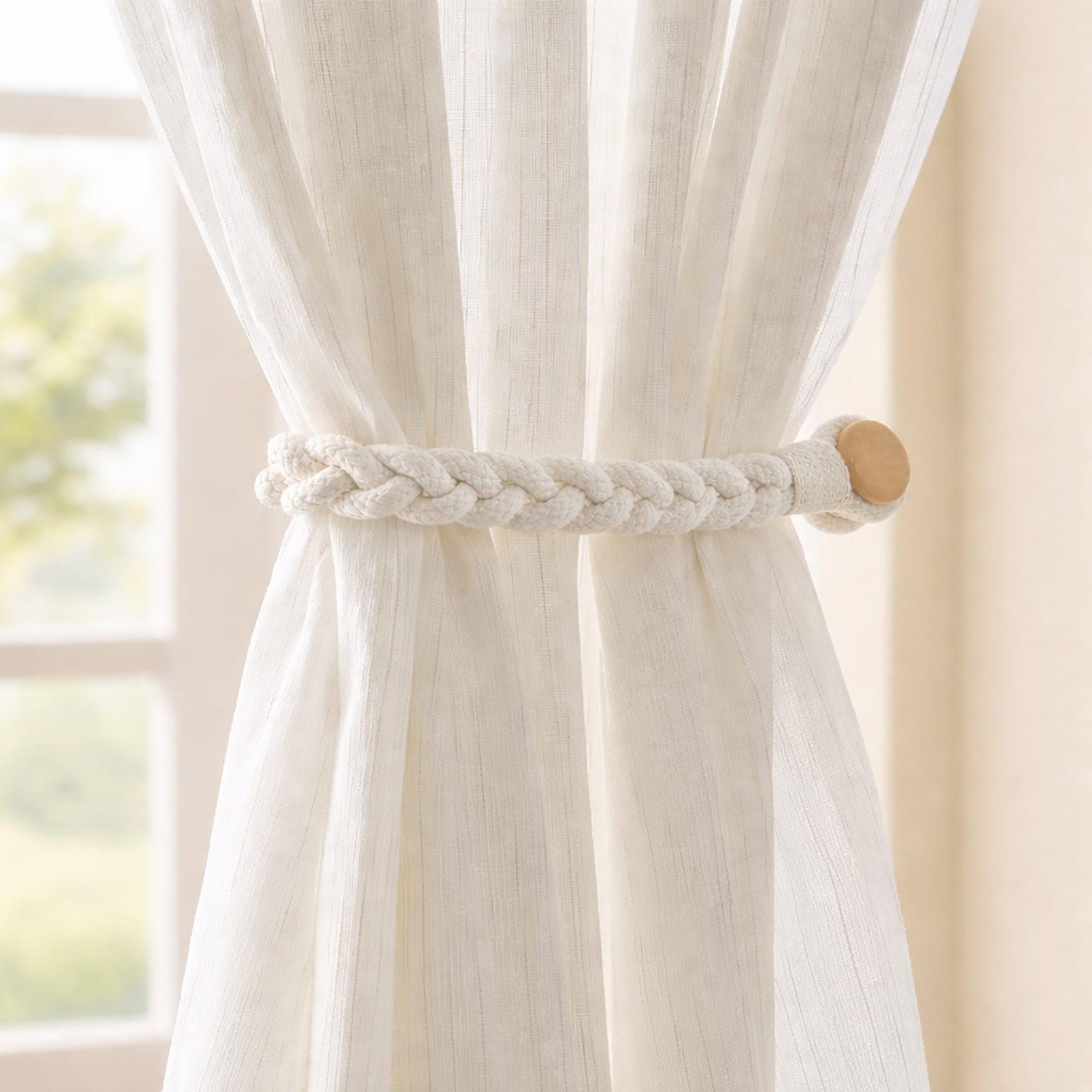 Curtain tieback installed on sheer curtain panel