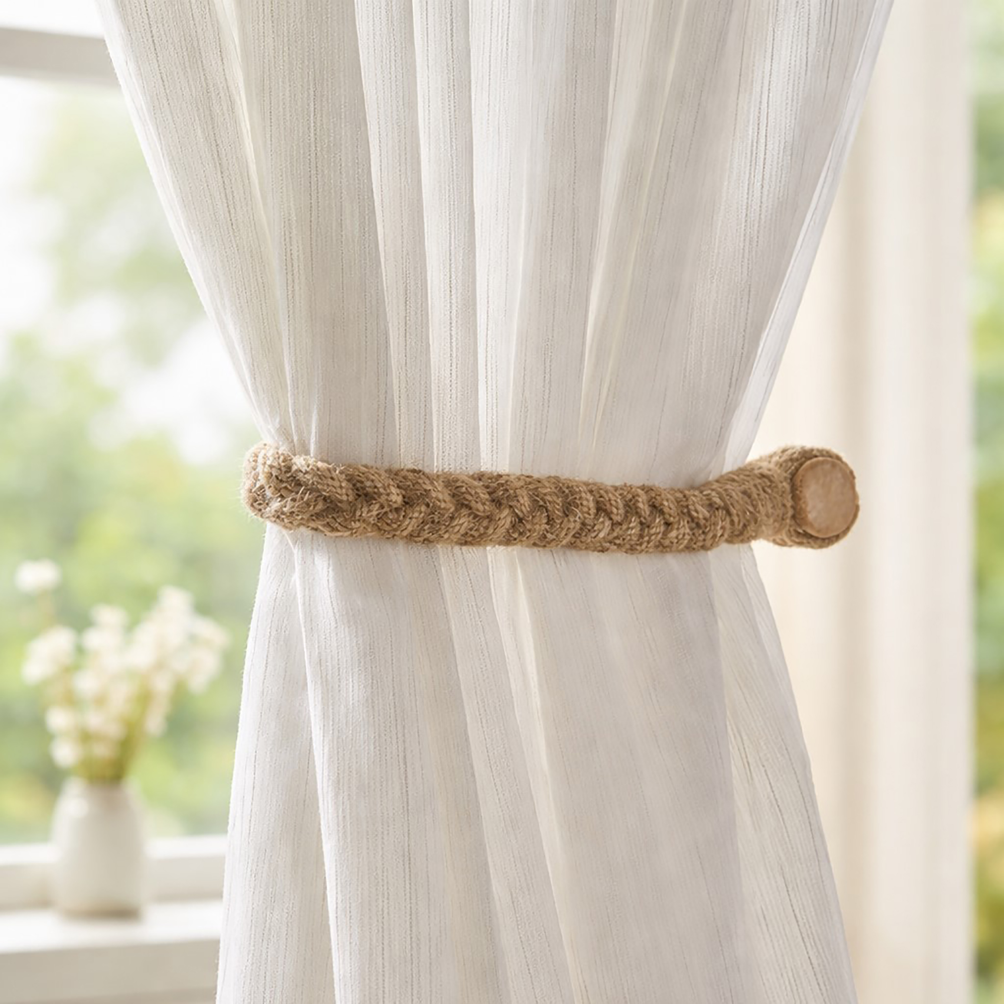 Jute curtain tieback installed on sheer curtain panel