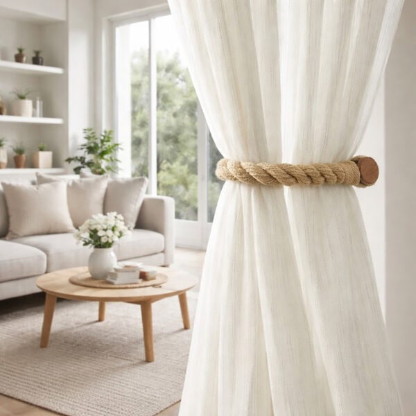Jute rope curtain tieback installed on sheer curtain in living room