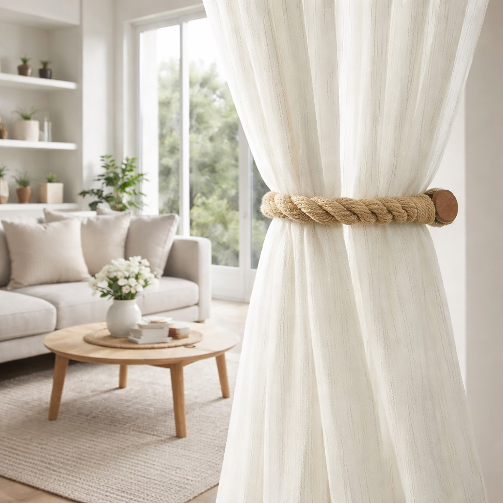 Jute rope curtain tieback installed on sheer curtain in living room