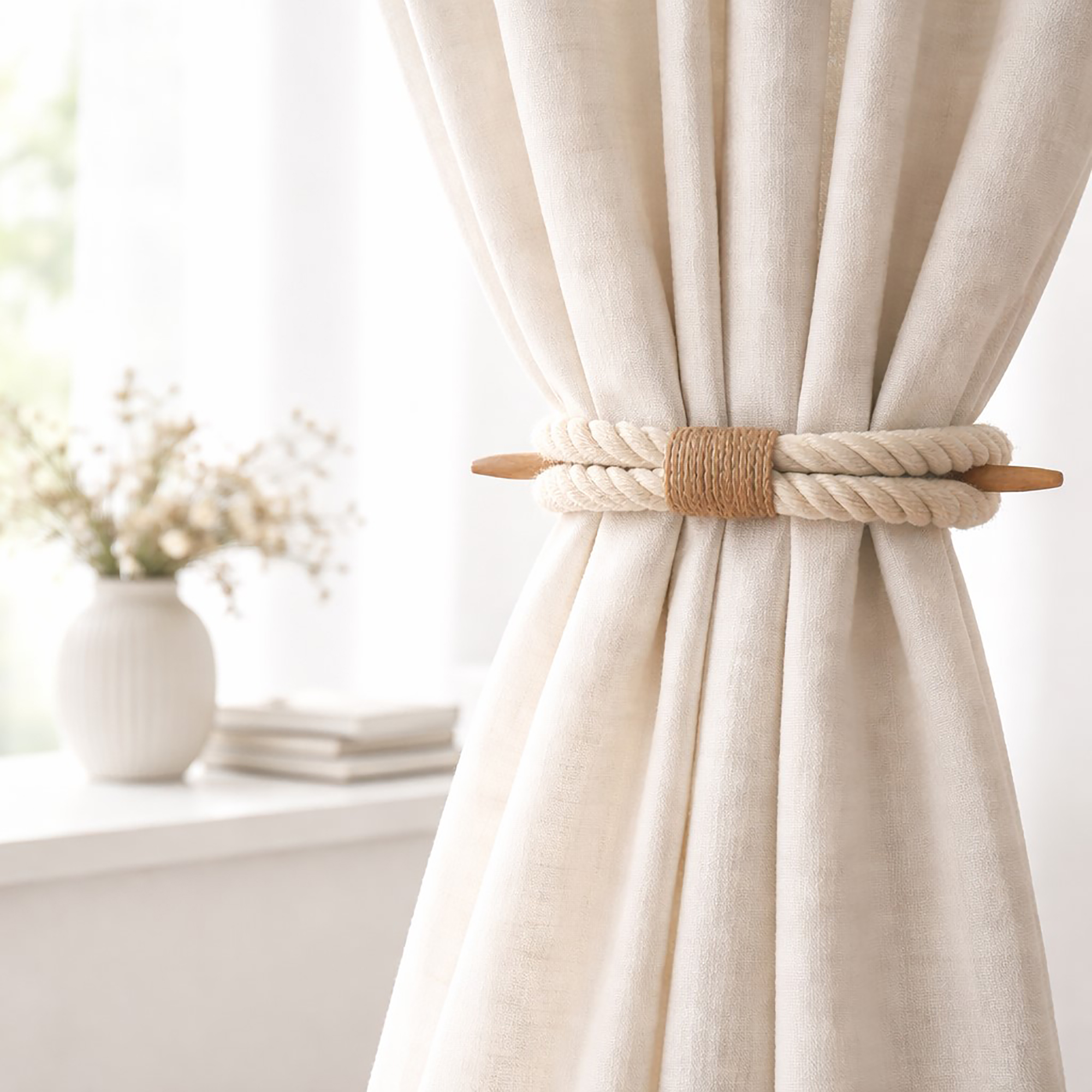 Ecru cotton rope tieback installed on sheer curtain panel
