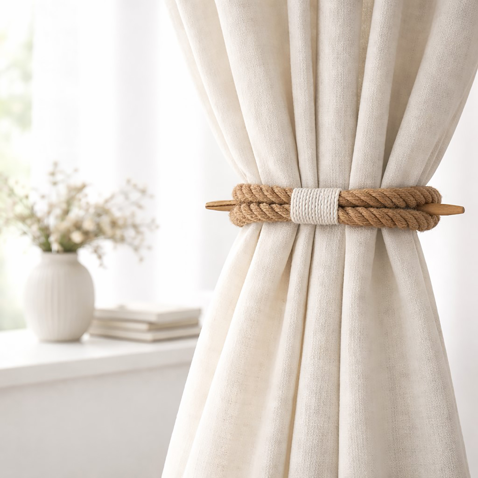 Jute rope tieback installed on sheer curtain panel