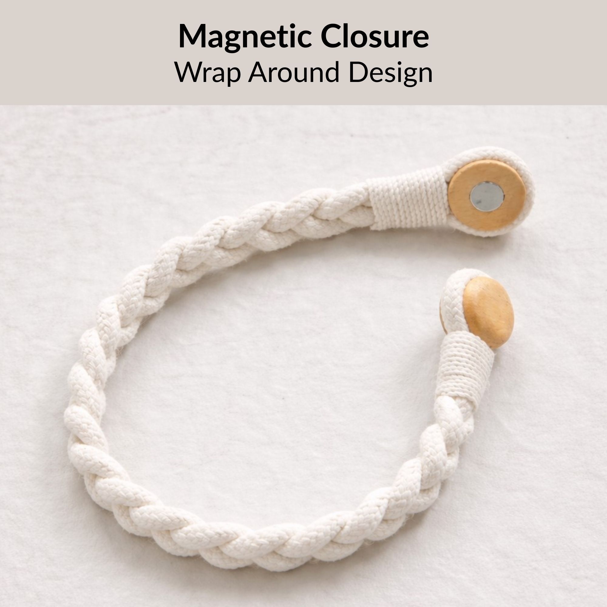 Magnetic wooden ends close-up on braided tieback