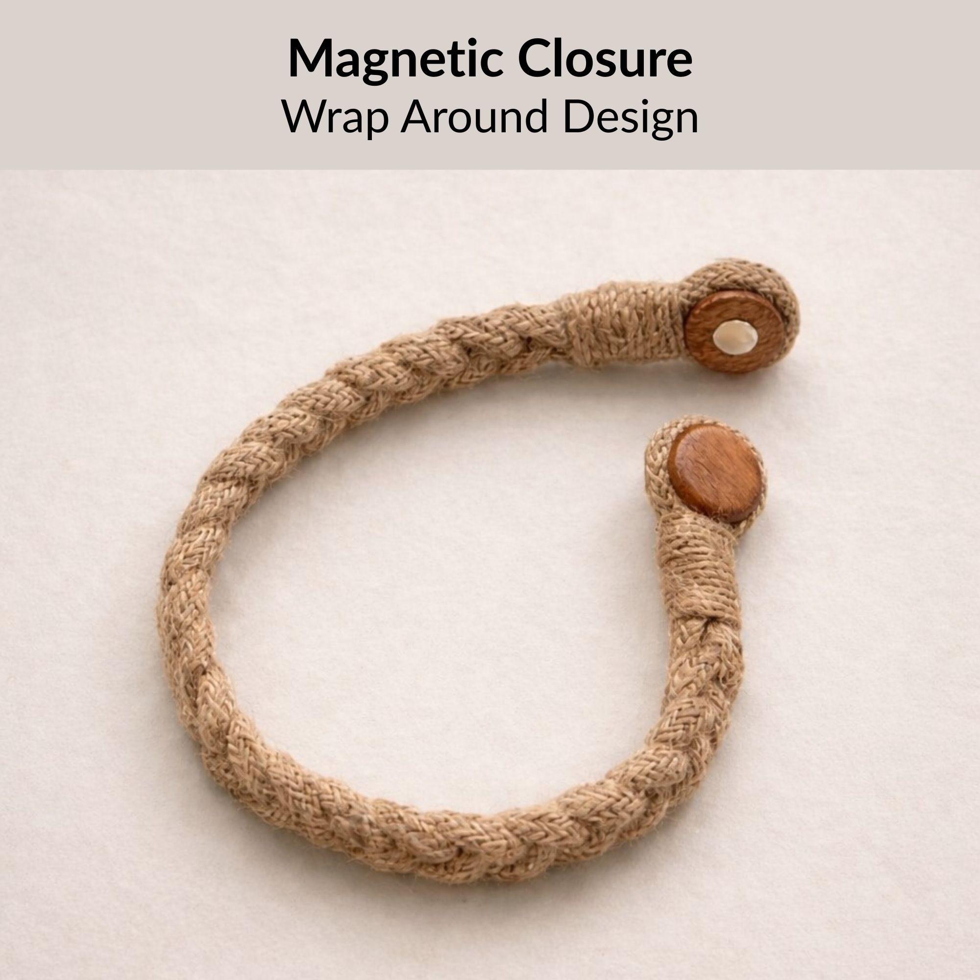 Magnetic closure detail with wooden end caps