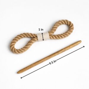 Curtain tieback dimensions showing jute rope loop and wooden rod