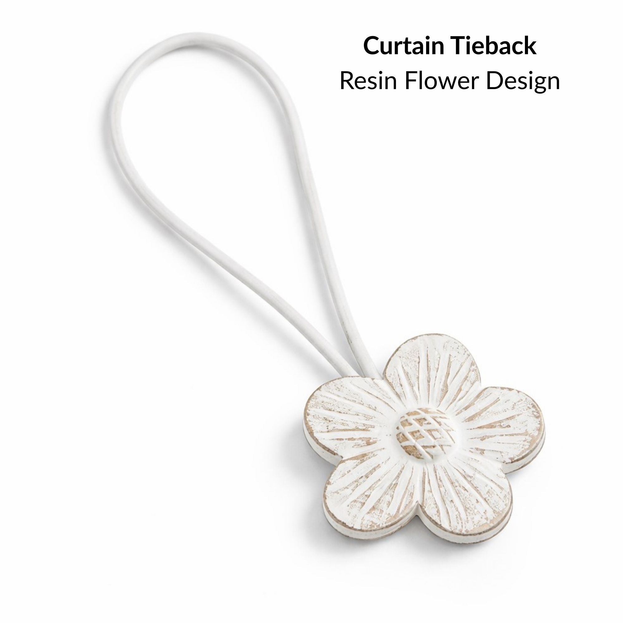 Curtain tieback with molded resin flower and flexible wrap cord