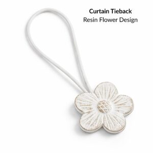 Curtain tieback with molded resin flower and flexible wrap cord