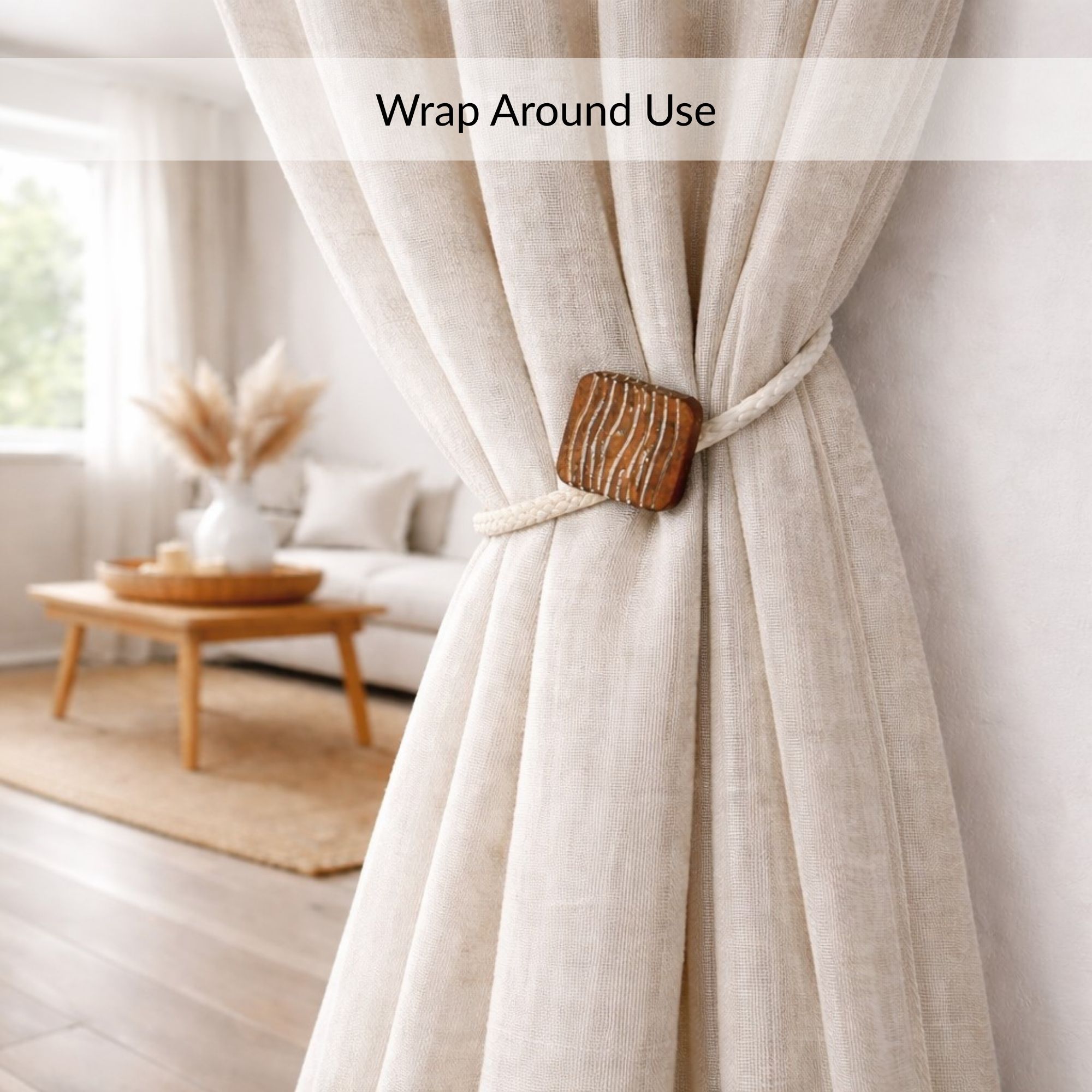 Wrap around curtain tieback installed on light fabric curtain