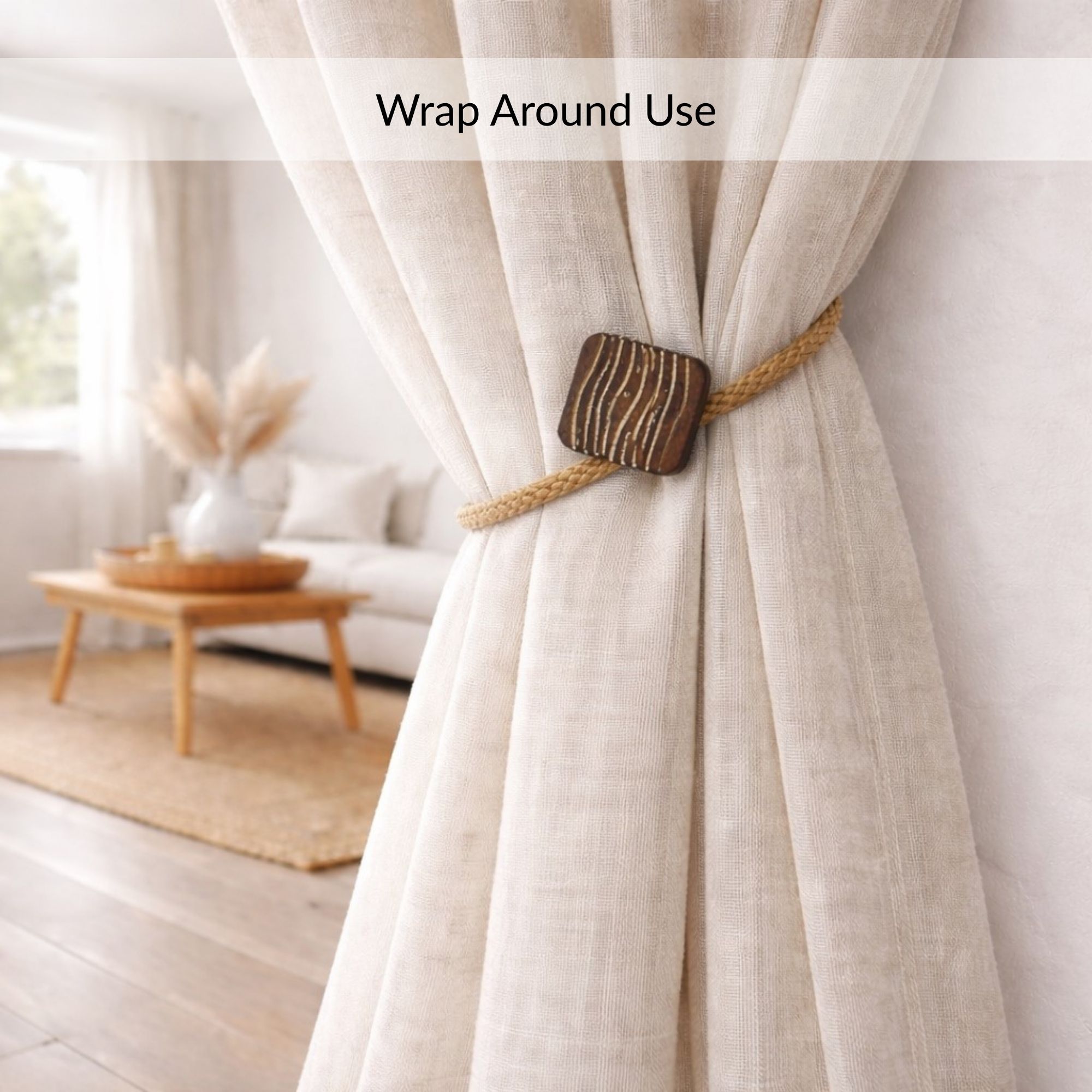 Wrap around curtain tieback installed on light fabric curtain