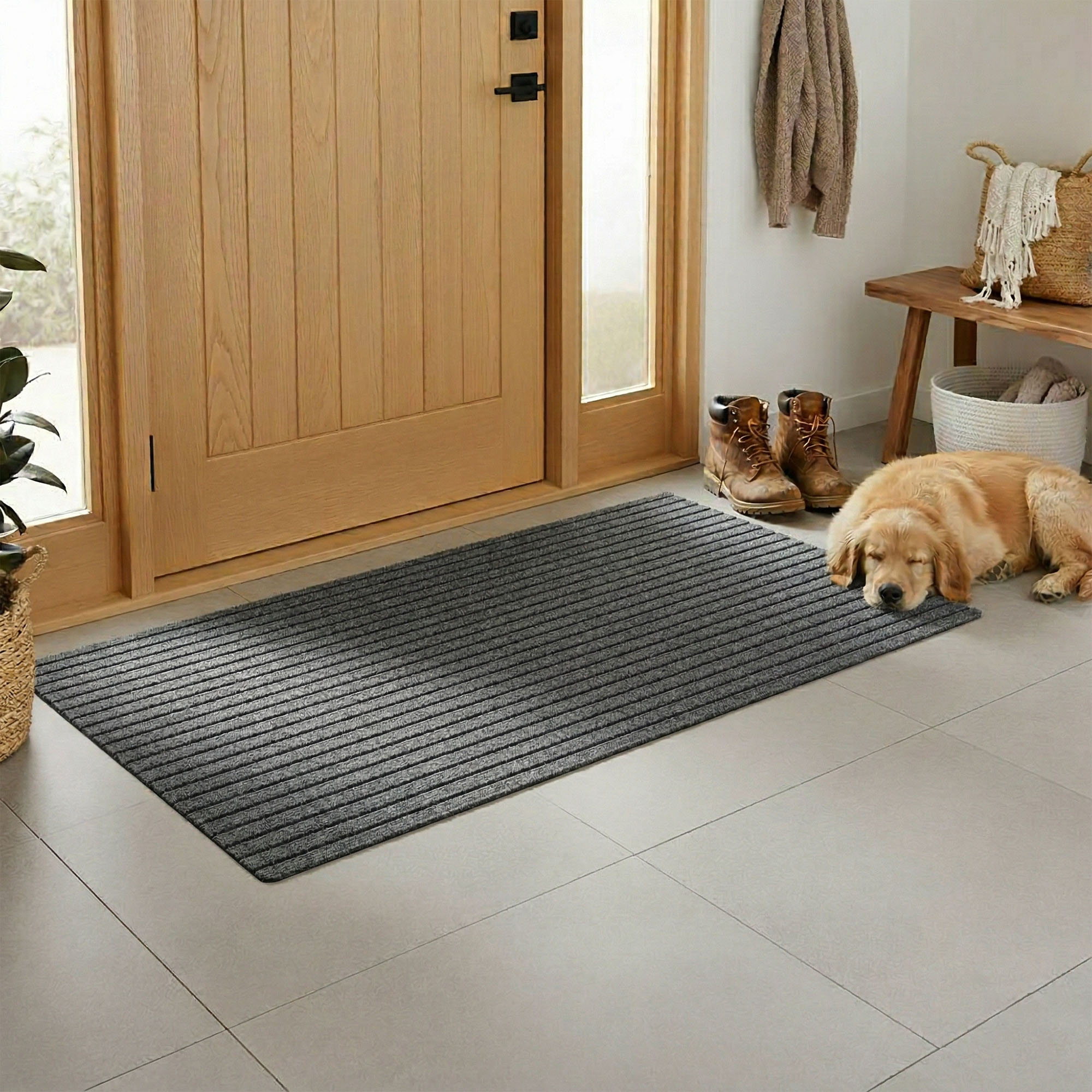Gray ribbed entryway doormat at front door with sleeping golden retriever, boots, and wooden bench in entryway