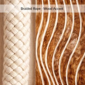 Close up braided rope texture and carved wood accent detail