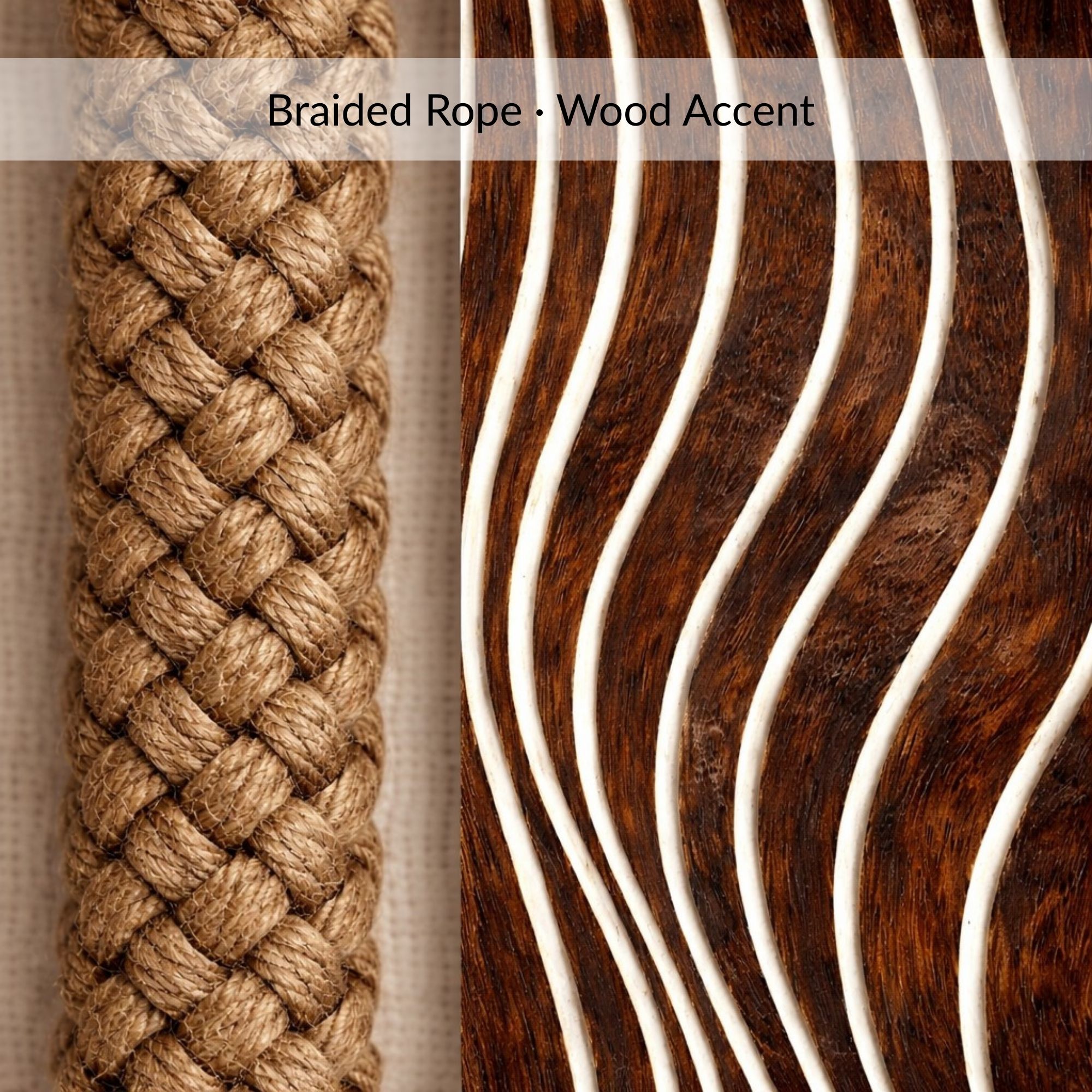 Close up braided rope texture and carved wood accent detail