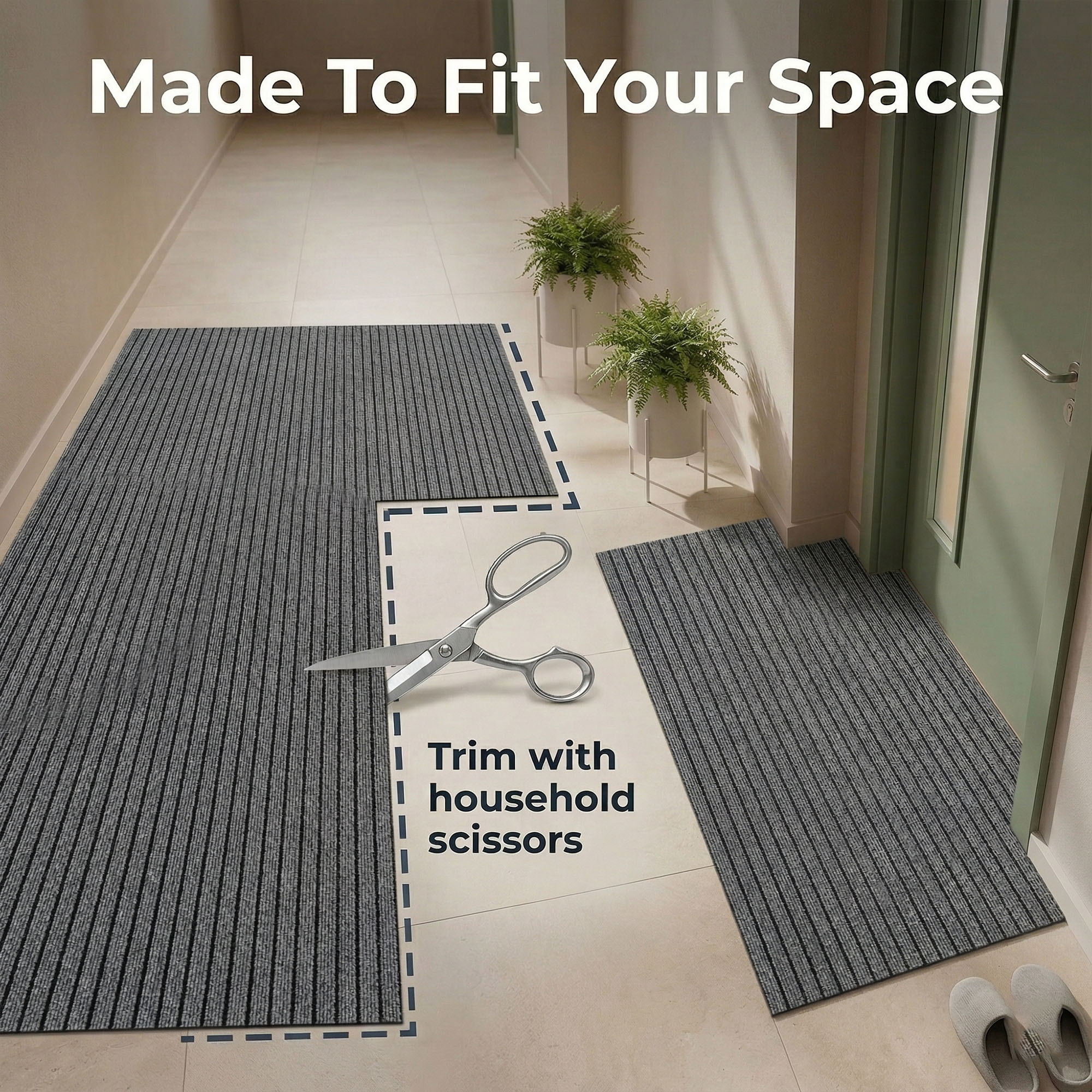 Cut-to-fit gray ribbed doormat in hallway with scissors and dashed cutting line — Made To Fit Your Space infographic