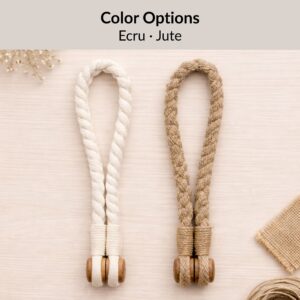 Curtain tiebacks displayed in ecru and jute colors