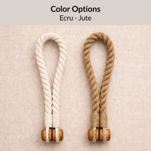 Curtain tiebacks shown in ecru and jute rope color options