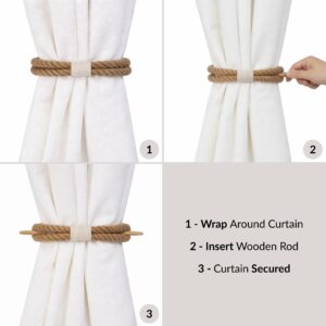 Step-by-step view showing how to wrap and secure jute curtain tieback