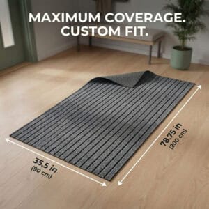 Gray ribbed doormat with curled corner showing rubber backing, dimension arrows: 35.5 in (90 cm) x 78.75 in (200 cm) — Maximum Coverage Custom Fit