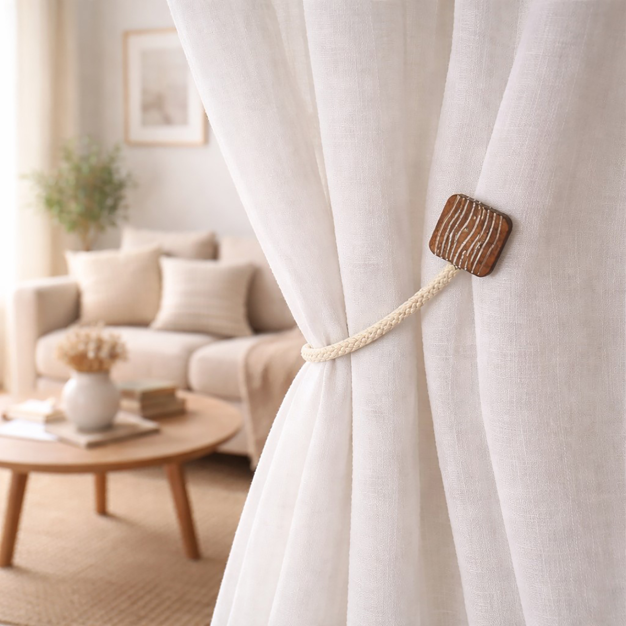 Wood rope curtain tieback styled in bright living room