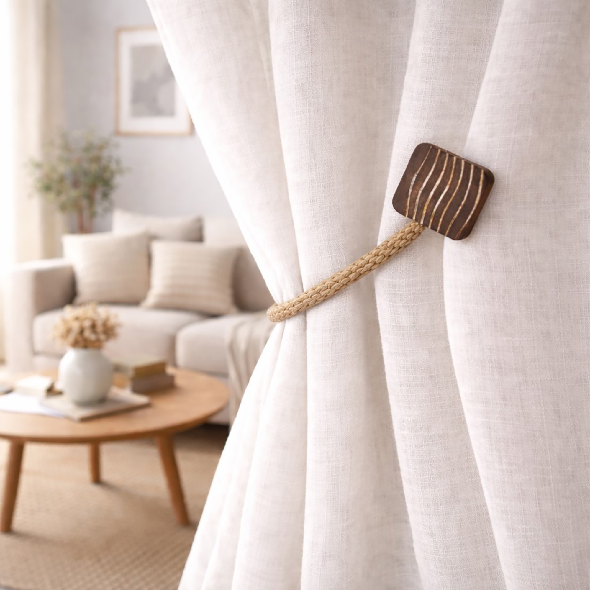 Wood rope curtain tieback styled in bright living room