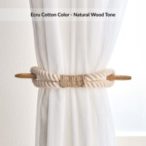 Ecru cotton color tieback with natural wood tone finish
