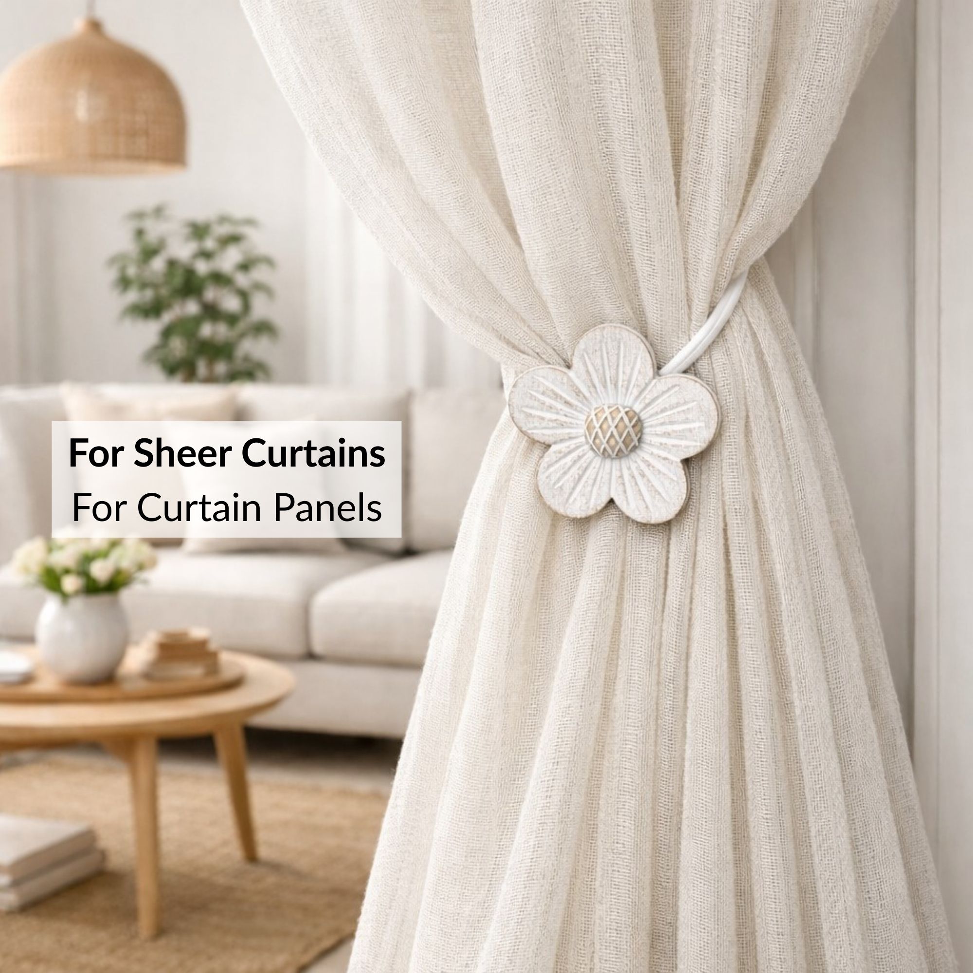 Resin flower curtain tieback used on sheer curtain panel