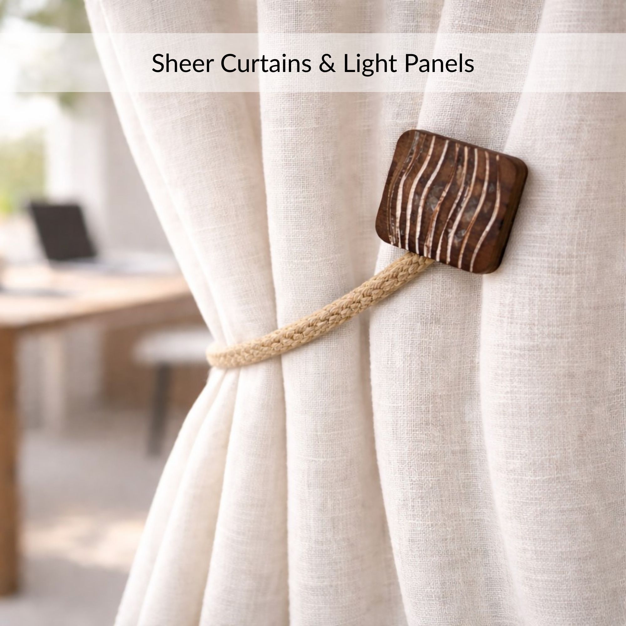Curtain tieback used on sheer curtains and light panels