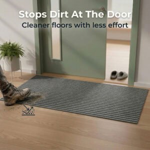 Gray ribbed doormat at green door with muddy hiking boot stepping on mat and dirt-trapping icon — Stops Dirt At The Door, cleaner floors with less effort