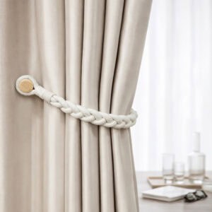 Tieback securing thicker curtains with braided rope