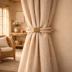Rope curtain tieback styled in warm neutral living room