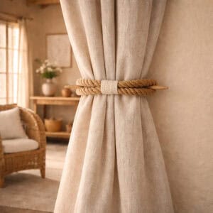 Jute rope curtain tieback styled in warm neutral living room