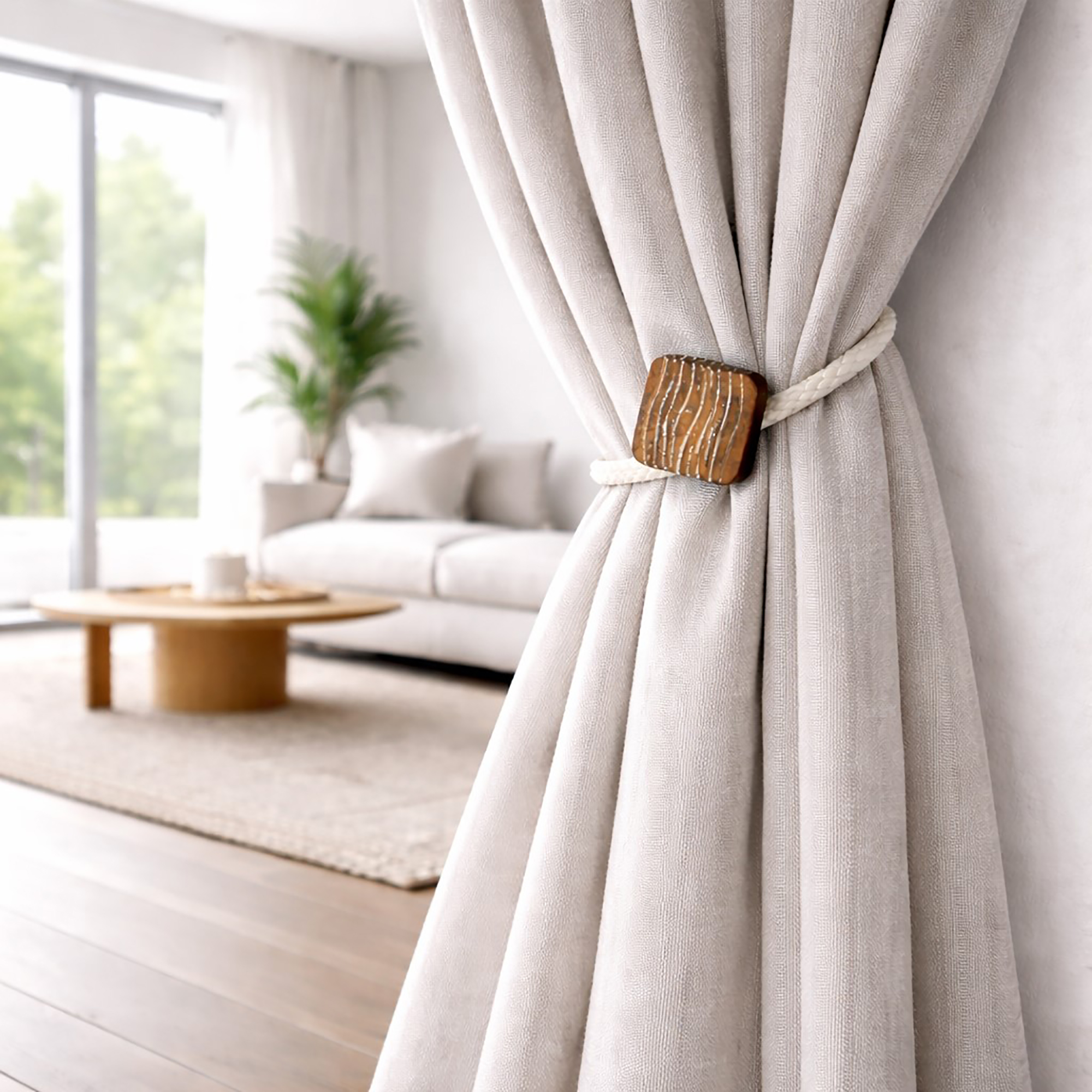 Single rope curtain tieback securing neutral curtain panel