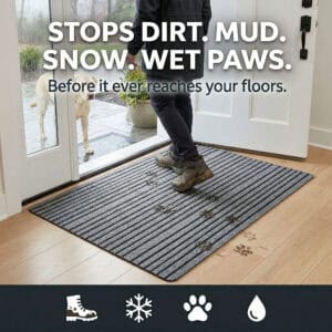 Gray ribbed doormat at rainy front door with person stepping in and wet dog outside — Stops Dirt, Mud, Snow, Wet Paws before it reaches your floors