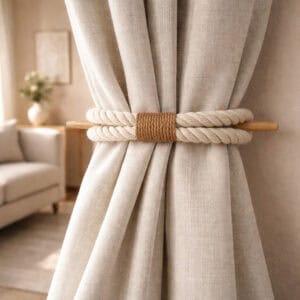 Decorative cotton rope tieback holding curtain panel open