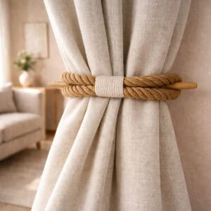 Decorative jute rope tieback holding curtain panel open