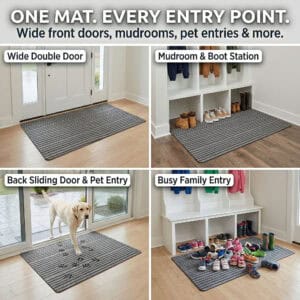 Four-panel infographic showing gray ribbed doormat at wide double door, mudroom boot station, back sliding pet entry door, and busy family entryway — One Mat Every Entry Point